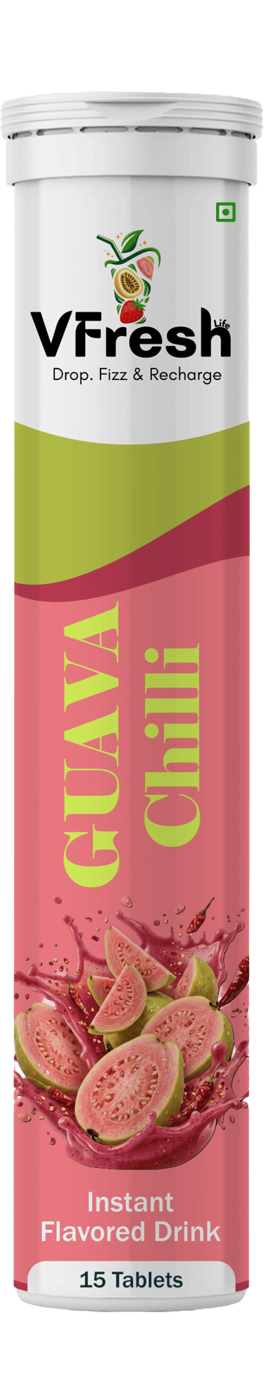 VFresh Guava Chilli instant flavored drink tube with 15 effervescent tablets for a spicy fruit beverage.
