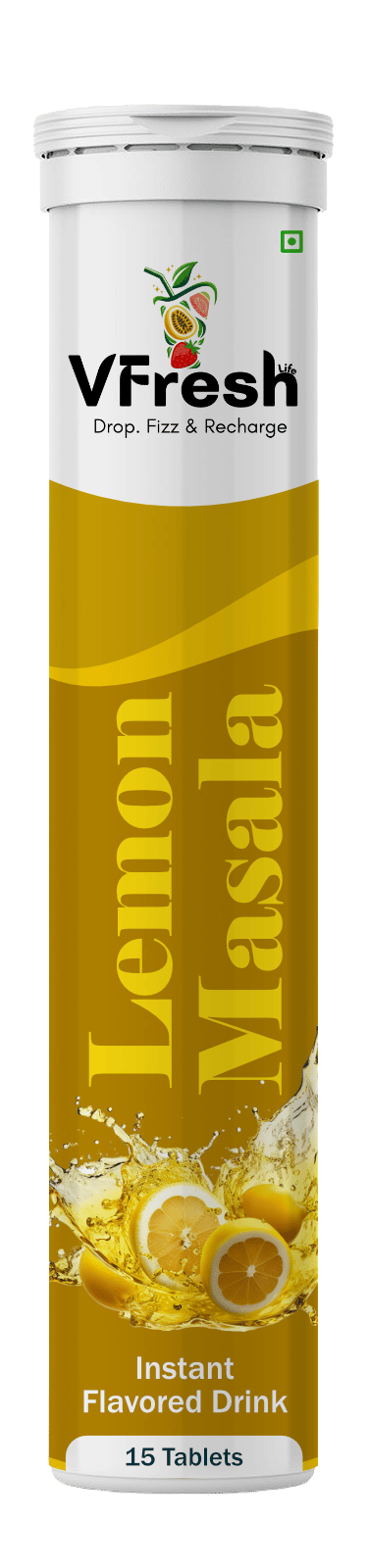 VFresh Lemon Masala instant flavored drink tube with 15 effervescent tablets for a refreshing fizz.