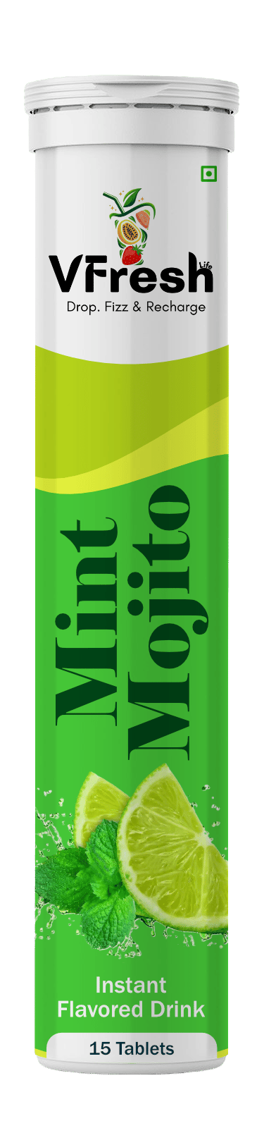 VFresh Mint Mojito effervescent tablets tube for an instant flavored drink with fresh lime and mint.