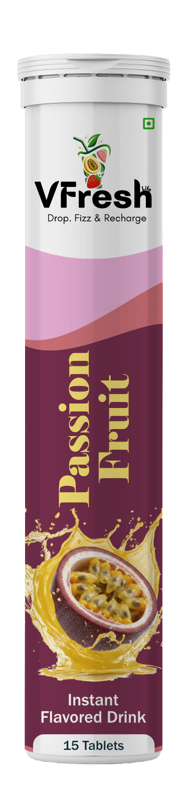 VFresh passion fruit flavored instant drink effervescent tablets in a 15-count cylindrical tube.