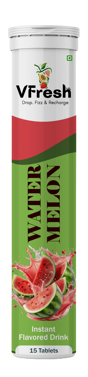 VFresh watermelon flavored instant drink effervescent tablets tube with 15 counts for quick hydration.