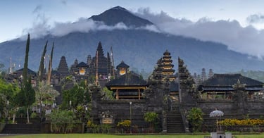 Traditional Balinese architecture at Besakih Temple surrounded by lush mountain scenery