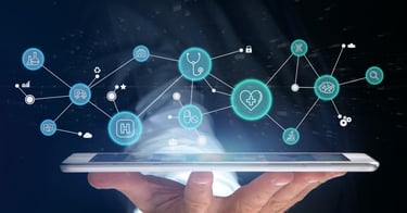 A person holding a tablet with connected healthcare icons