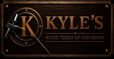 Kyle's Wood Touch Up and Repair logo featuring gold lettering, a spray gun, and a paintbrush on a dark wood background.