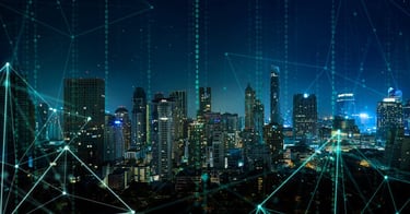 a cityscape with network lines and connections between the city and the city