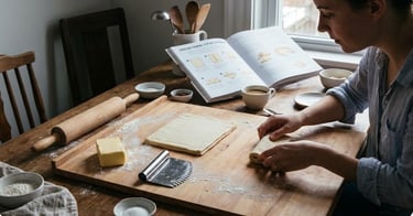 Beginner learning croissant folding technique with step-by-step baking tools and dough