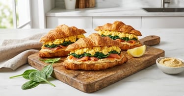 Savory breakfast croissant sandwiches with eggs, spinach, and smoked salmon.