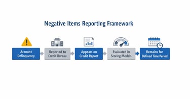 negative items credit report framework showing delinquency reporting and scoring model process
