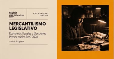 Infographic on Peru 2026 elections and legislative mercantilism featuring a man counting cash in a dark office.