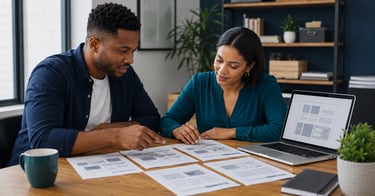 Small business owner and website professional reviewing website pages and project requirements.