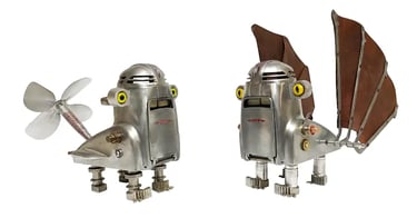 Two creature sculptures, one with wings and another with a propellor, created by artist Tal Avitzur.