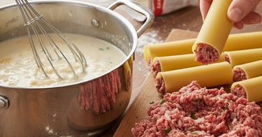 Stuffing dry cannelloni pasta tubes with raw ground meat next to a pot of creamy bechamel sauce.