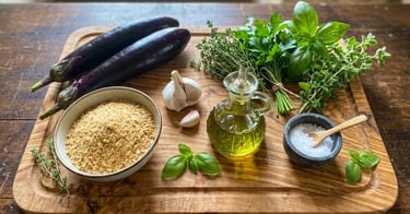 Fresh eggplants, olive oil, breadcrumbs, and herbs on a wooden cutting board for cooking.