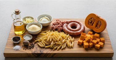 Penne pasta ingredients with Italian sausage, pumpkin cubes, olive oil, and cheese on a wooden board.