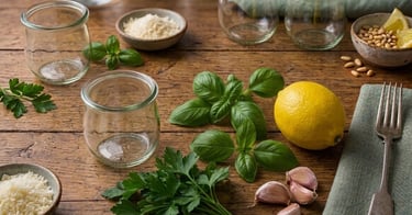 Fresh pesto ingredients like basil, garlic, lemon, and parmesan on a wooden table with glass jars.