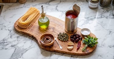 Ingredients for pasta puttanesca including spaghetti, olive oil, tomato sauce, anchovies, and capers on a wooden board.