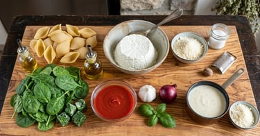 Ingredients for stuffed pasta shells with ricotta, spinach, marinara sauce, and olive oil on a wooden board.