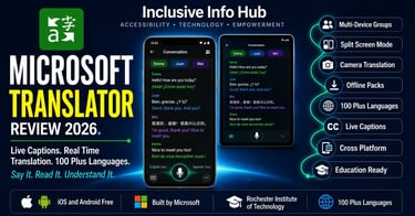 Microsoft Translator 2026 image showing multi-device live caption conversation interface with flowing river of badge tags