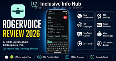 RogerVoice Review 2026 featured image showing live captioned phone call interface with split panel feature badges 