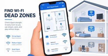 Phone checking Wi-Fi signal strength in different rooms at home.Infographic