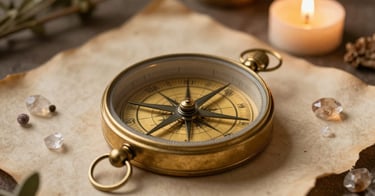 Ancient astrolabe on aged parchment surrounded by small crystals botanicals and candlelight