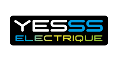YESSS Electrique logo featuring white, blue, and green text on a black rectangular background.