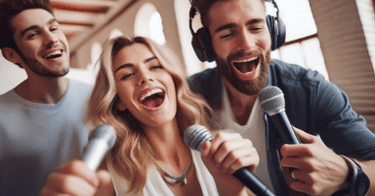 a group of people singing into microphones, smiling and enjoying themselves