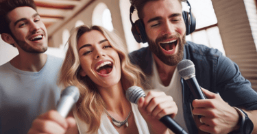 a group of people singing and singing into microphones collaboration