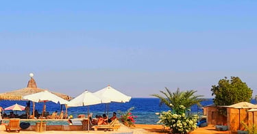 Sea-view swimming pool with sunbeds and umbrellas at Bedouin Star beach camp in Sinai