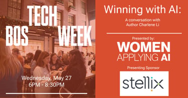 Tech BOS Week event flyer for Winning with AI featuring author Charlene Li and Women Applying AI.