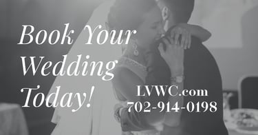 A happy bride and groom hugging with text to book your wedding today in Las Vegas.