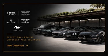 Luxury rental cars including Range Rover, Aston Martin, and Mustang parked in a row.