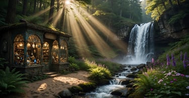Magical forest shop next to a cascading waterfall with sunbeams shining through the trees.