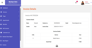 Online Salon Booking System - Invoice Details
