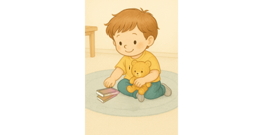 Bambino seduto con un peluche e un libro, in un momento di calma e tranquillità sul tappeto.