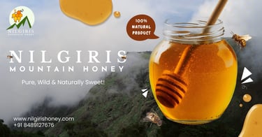 Jar of pure Nilgiris raw honey ,gudalur mountain background green gold color logo 