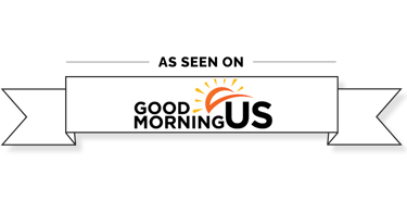 As seen on Good Morning US logo featuring a sun icon inside a white banner ribbon.