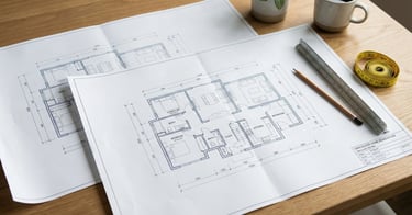 Floor plan printouts with measurements for a home renovation in Vancouver