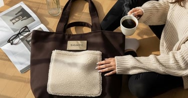 Wanita menikmati pagi akhir pekan yang nyaman dengan secangkir kopi dan tas tote SIGNIFO beraksen shearling.