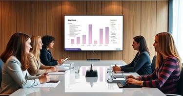 a group of people sitting around a table with a large screen