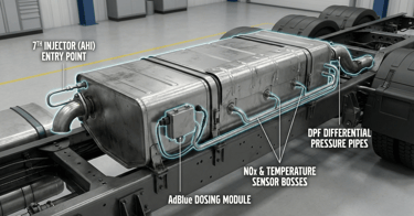 Volvo Euro VI one-box aftertreatment unit integrating the DOC, DPF, and SCR into a compact chassis-mounted module.