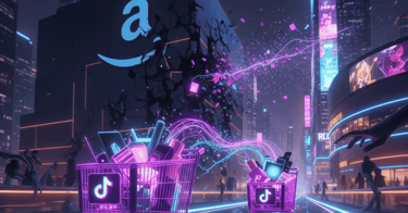 Arte digital em neon mostrando luzes fluindo de um prédio rachado da Amazon para carrinhos de compra