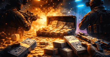 Soldados armados guardando uma maleta com muito dinheiro em uma cena inspirada no Counter-Strike 2