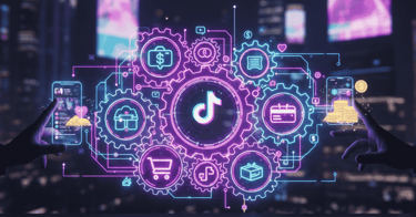 Engrenagens luminosas em neon representando o sistema de e-commerce do TikTok Shop