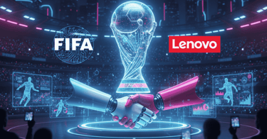 Arte digital de um troféu holográfico com os logotipos da FIFA e Lenovo, e um aperto de mãos robótic