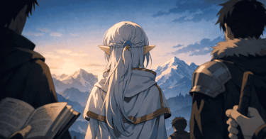 Ilustração da elfa Frieren observando uma paisagem montanhosa ao lado de seus companheiros