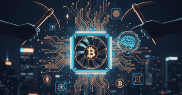 Arte digital conectando a mineração de Bitcoin e o processamento de Inteligência Artificial