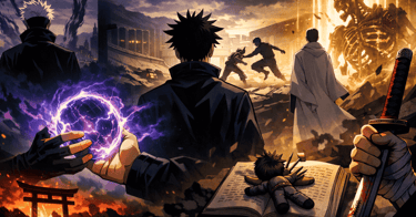 Animação do anime Jujutsu Kaisen, com personsagens de costas, batalhando e outros cenários do anime