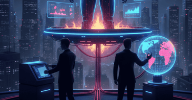 Ilustração futurista mostrando políticos em painéis de controle sob a figura imponente de um robô gi