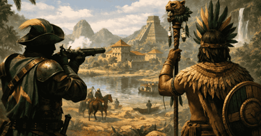 Ilustração de um guerreiro Tupi e um soldado colonial observando um assentamento em um vale tropical